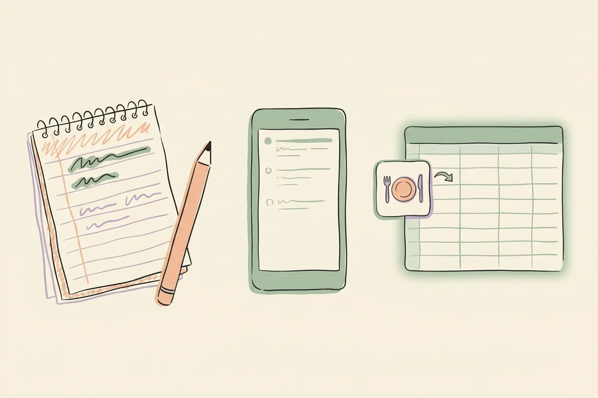 Grocery List Template Formats at a Glance: paper list, phone note and plan-linked spreadsheet compared