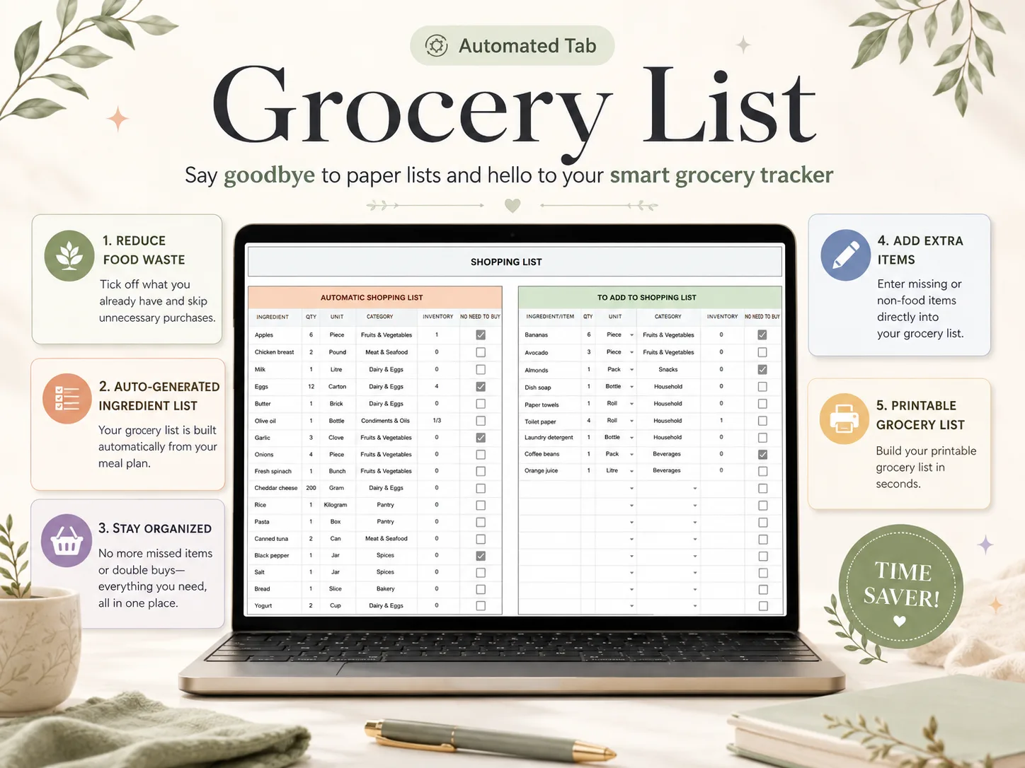 A Grocery List Template That Fills Itself: the Shopping List tab in Ultimate Meal Planner with an automatic list beside a list for extra items