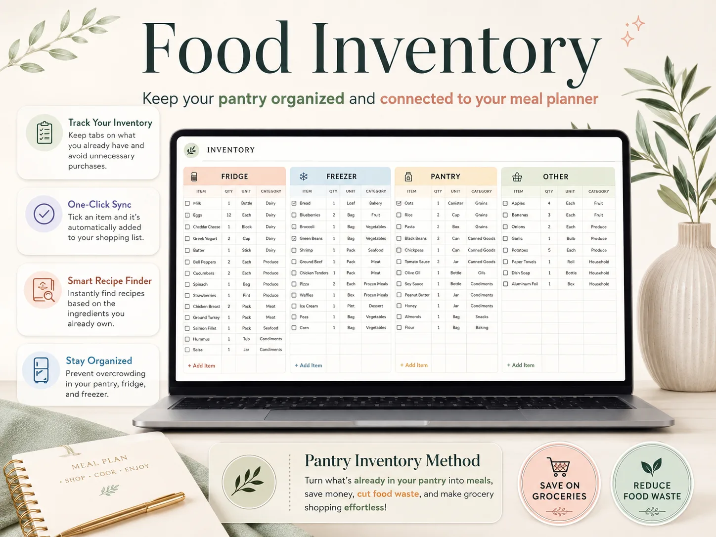 The Food Inventory image from Ultimate Meal Planner shows a spreadsheet view for recording pantry items and quantities