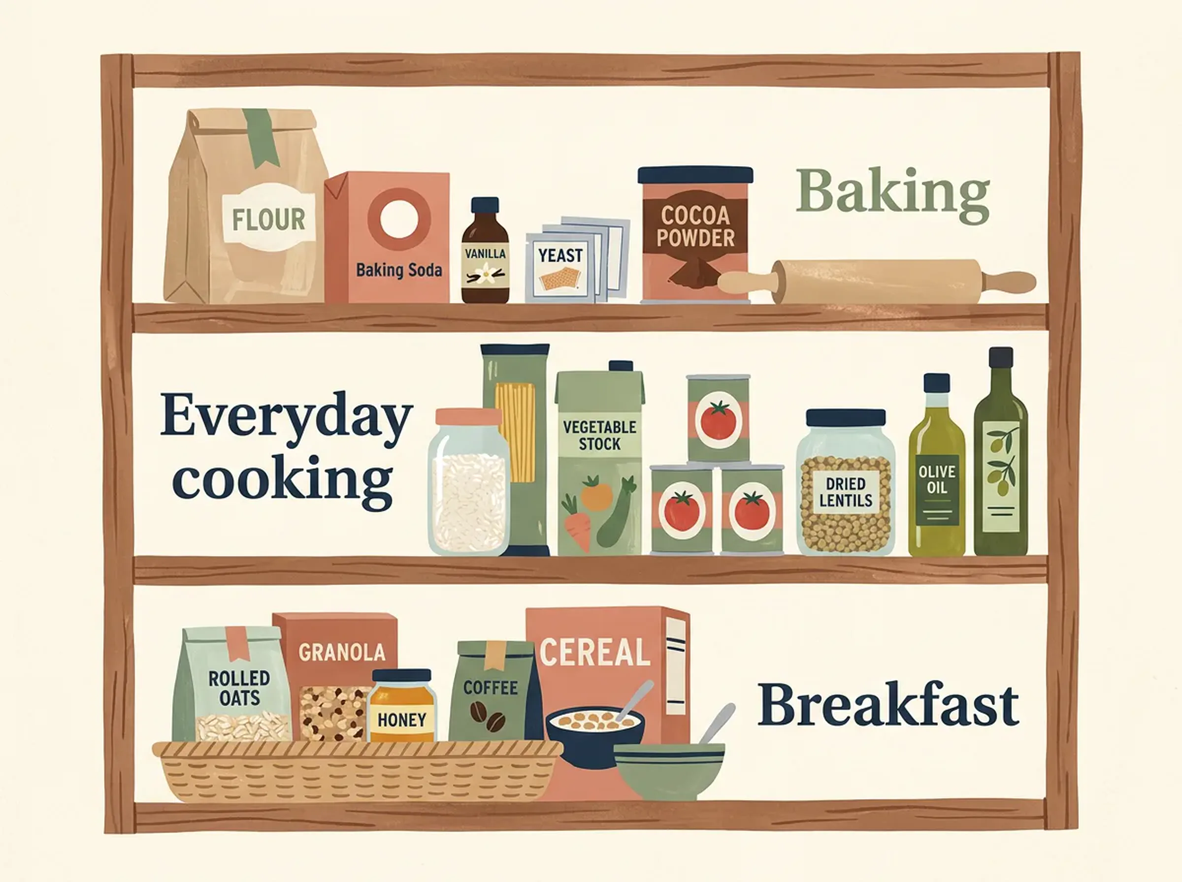 Pantry shelf illustration dividing everyday cooking, breakfast, and baking into separate zones