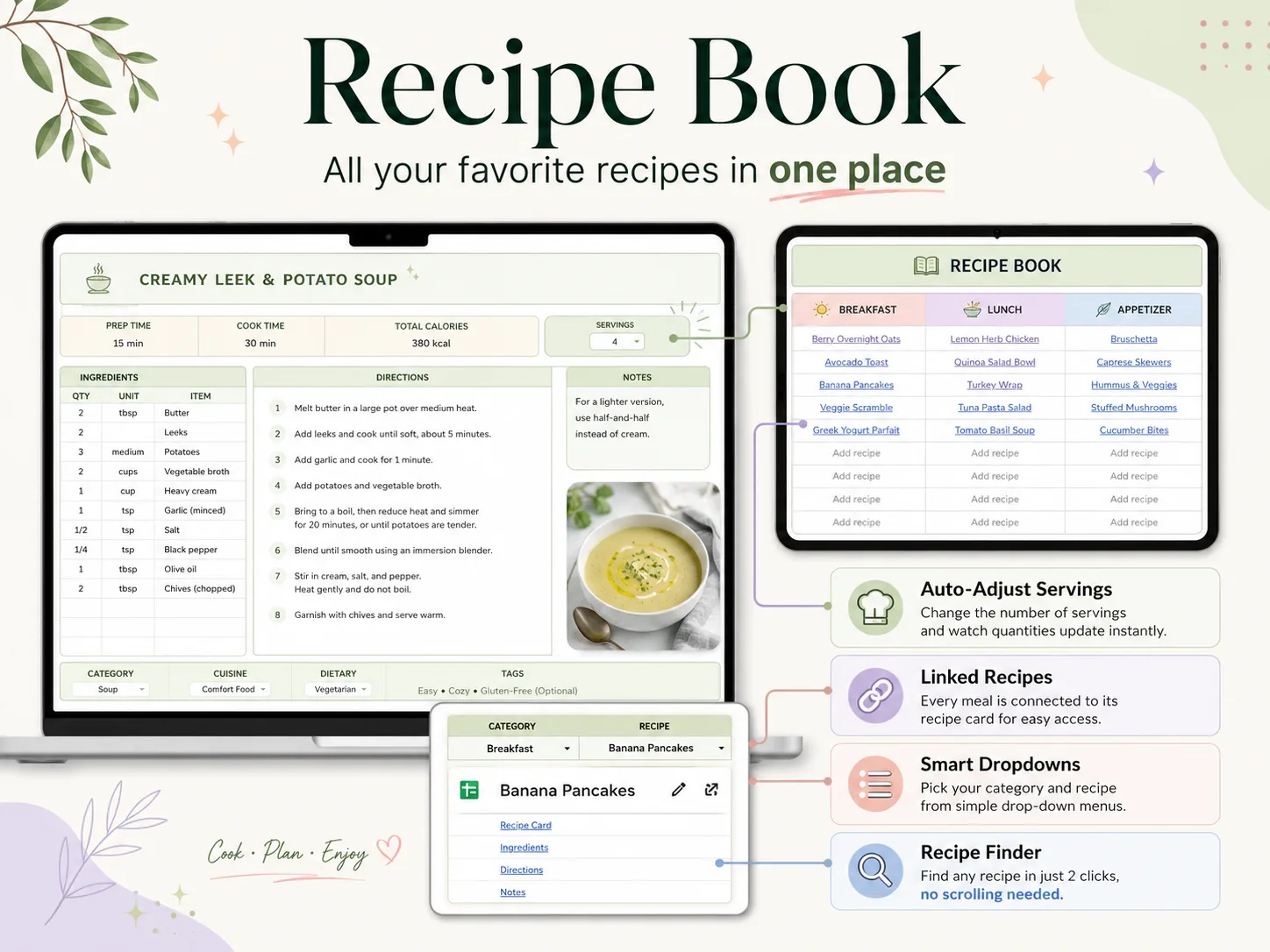 Recipe Book tab in Ultimate Meal Planner with a recipe card, category dropdowns and auto-adjusting servings
