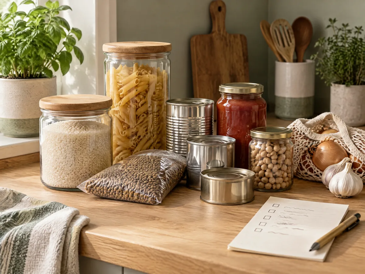 A worked pantry inventory template showing rice, pasta, canned goods, and a short shopping check