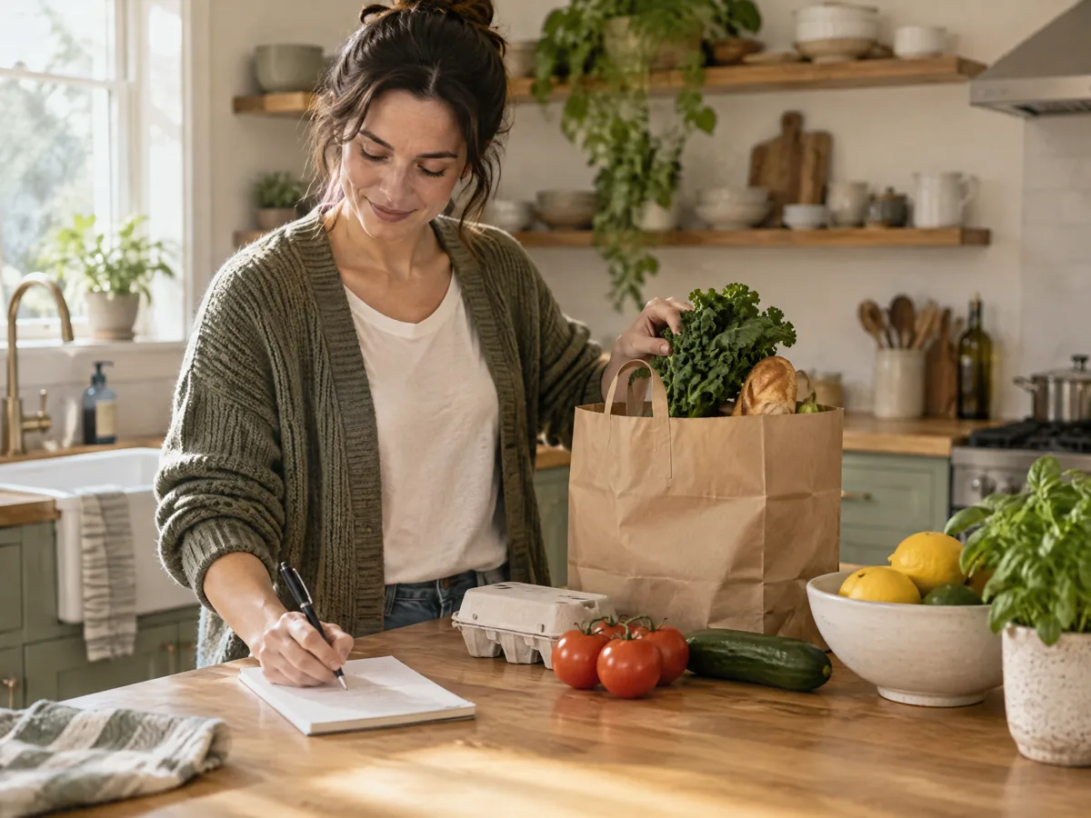 A kitchen counter scene with pantry items being put away beside a short inventory list