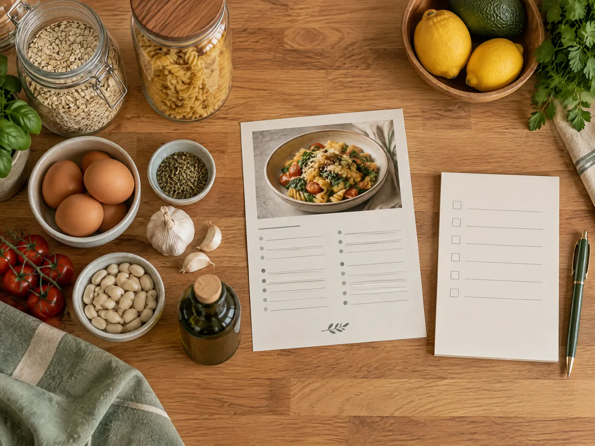 A recipe card, pantry list, and grocery note showing how an on-hand check informs the shopping list