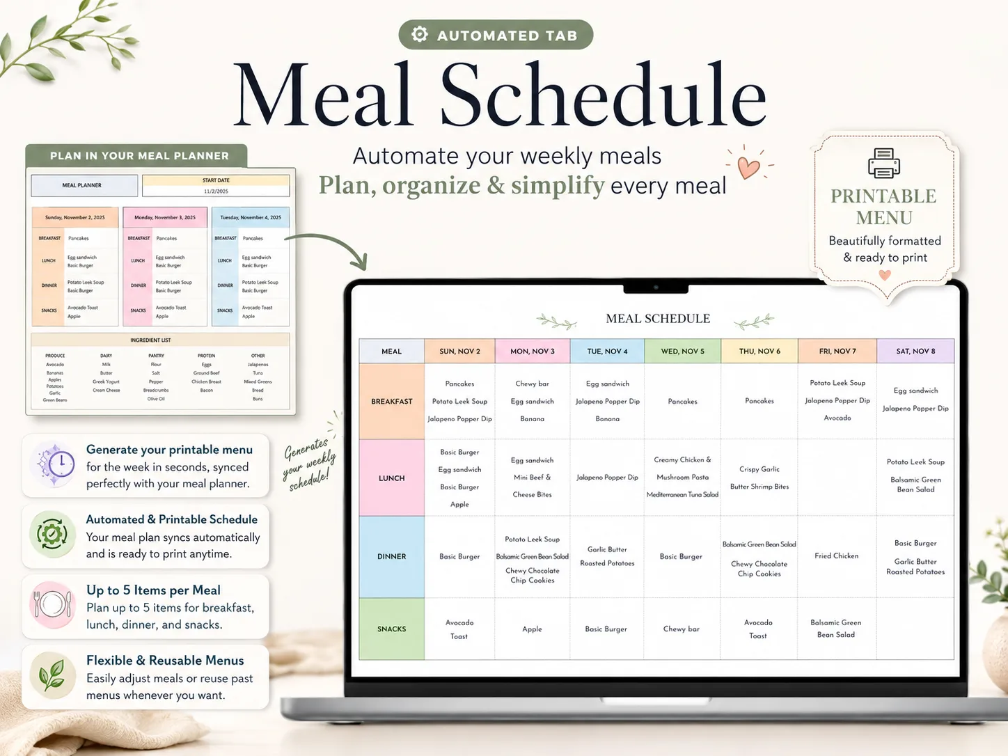 Meal Schedule tab showing a week arranged across seven days for scanning the household plan